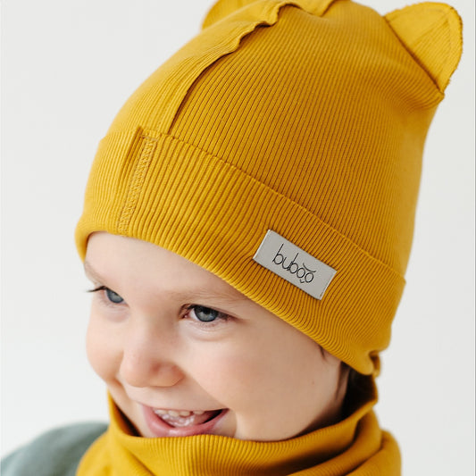 BEAR Cotton Kids Beanie with Teddy Ears – Mustard | Ribbed One Layer Hat – BUBOO