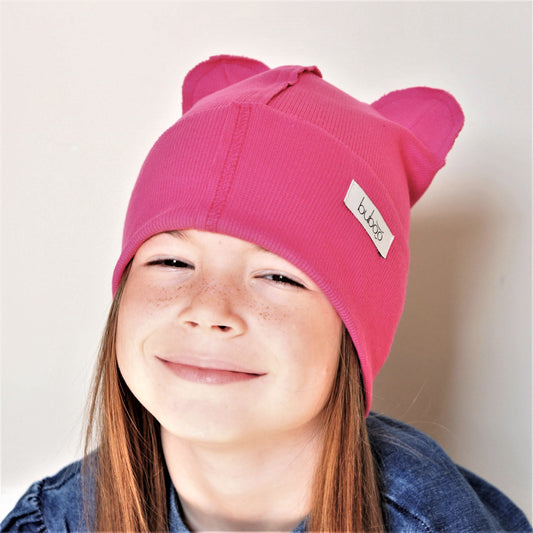 BEAR Cotton Baby Beanie with Teddy Ears – Watermelon | Ribbed One Layer Hat – BUBOO