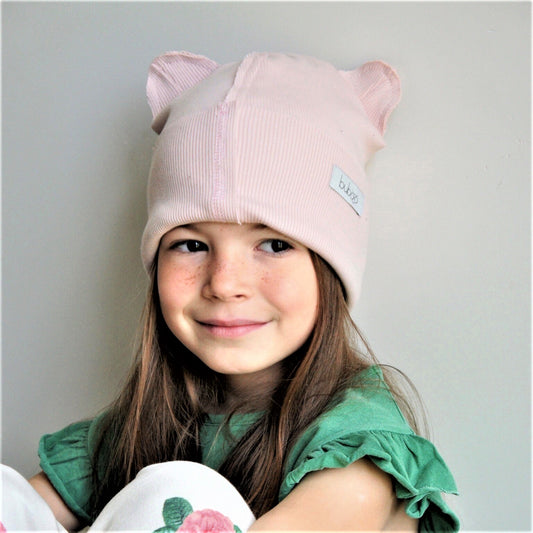BEAR Cotton Baby Beanie with Teddy Ears – Powder | Ribbed One Layer Hat – BUBOO