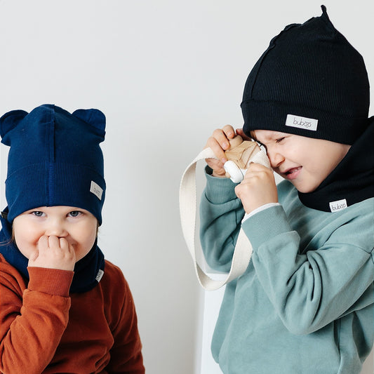 BEAR Cotton Kids Beanie with Teddy Ears – Dark Blue | Ribbed One Layer Hat – BUBOO