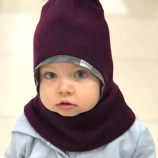 Stilingas patogus HELMET rudeninis žieminis moheros vilnos vaikiškas šalmukas su bumbulu violetinis
