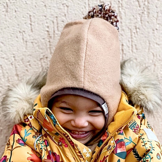 Stylish fall winter mohera wool kids HELMET with pompom sand