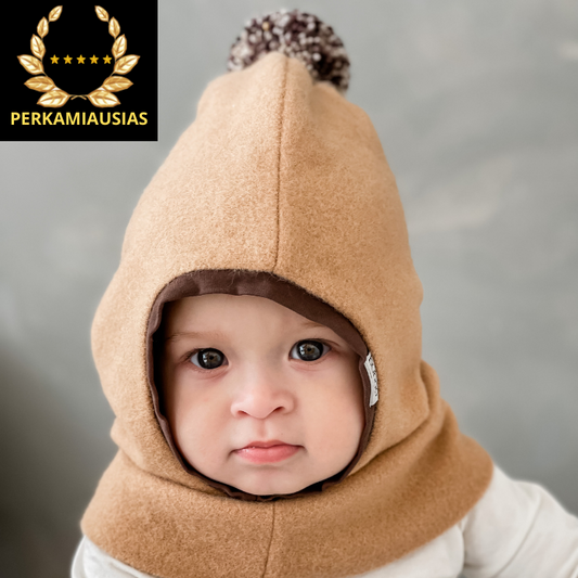 Stylish fall winter mohera wool kids HELMET with pompom sand