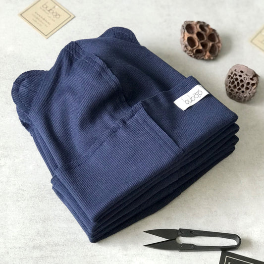 BEAR Dark blue Double Cotton Beanie with Teddy Ears