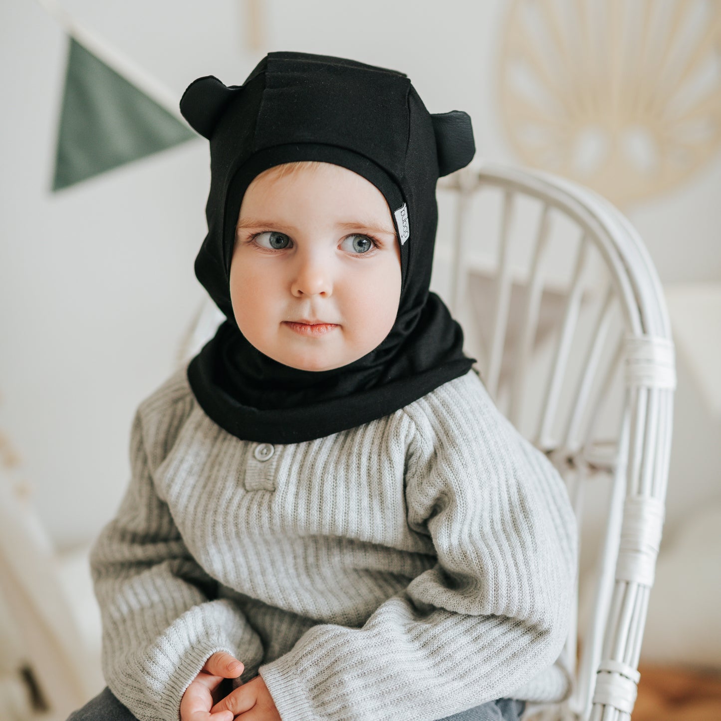 Vaikiška dviguba medvilninė kepurė šalmukas pavasariui / rudeniui BEAR juoda