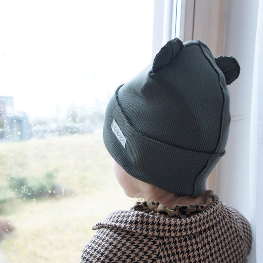BEAR Chaki Double Cotton Beanie with Teddy Ears