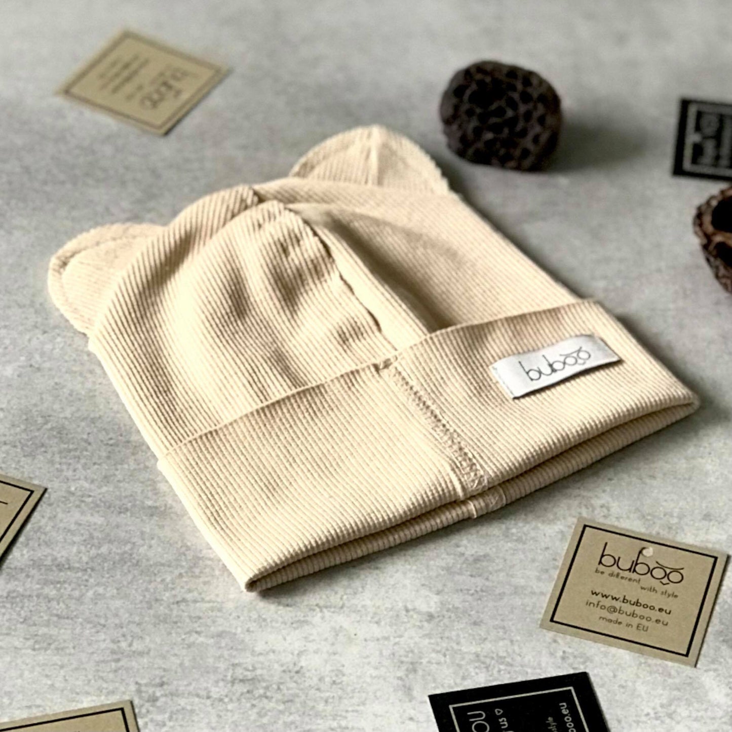 BEAR Cotton Baby Beanie with Teddy Ears – Sand | Ribbed One Layer Hat – BUBOO