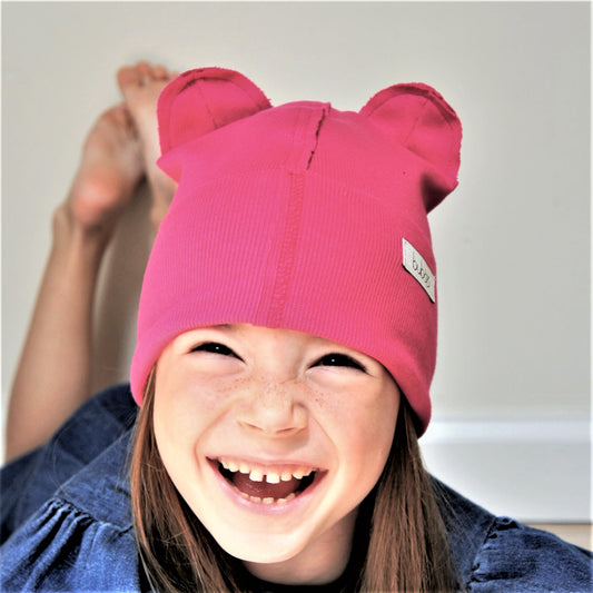 BEAR Cotton Baby Beanie with Teddy Ears – Watermelon | Ribbed One Layer Hat – BUBOO