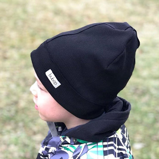 TRENDY Ribbed Cotton Kids Beanie – Black | Spring/Autumn Hat – BUBOO