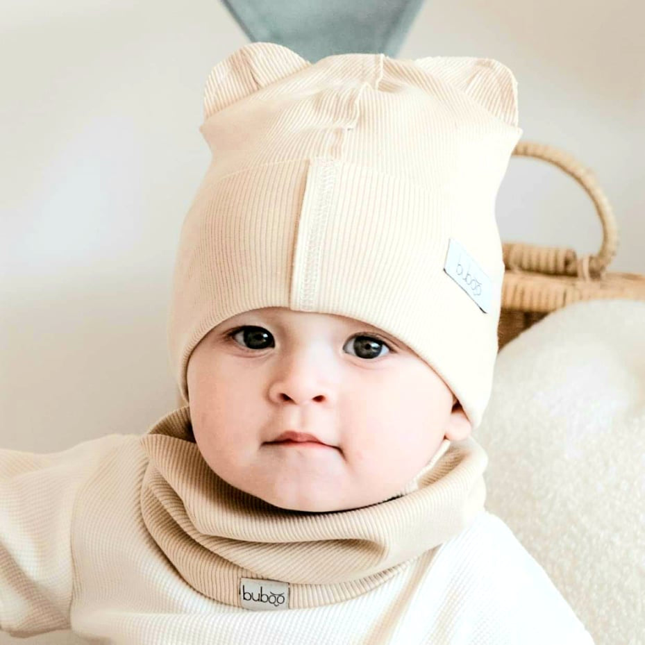 BEAR Cotton Baby Beanie with Teddy Ears – Sand | Ribbed One Layer Hat – BUBOO