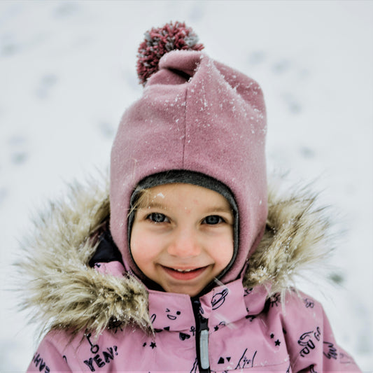 Stylish fall winter mohera wool kids HELMET with pompom ASH ROSE