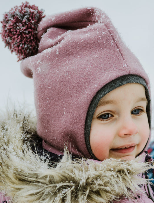 Stylish fall winter mohera wool kids HELMET with pompom ASH ROSE