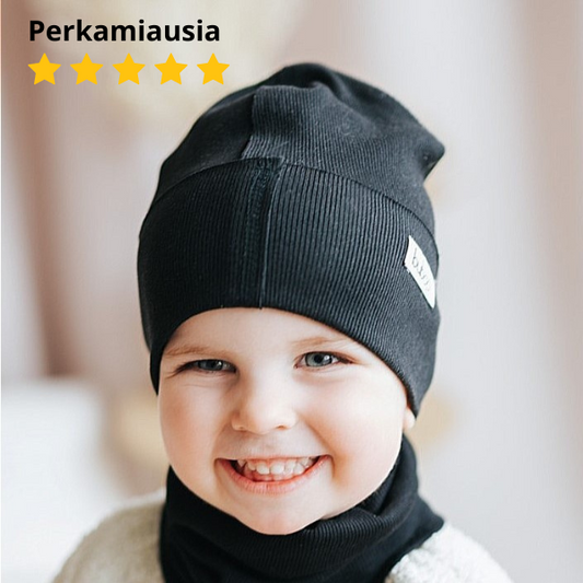 TRENDY Ribbed Cotton Kids Beanie – Black | Spring/Autumn Hat – BUBOO