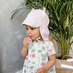 BEAR vasarinė vaikiška kepurė su snapeliu , raišteliais ir kaklo apsauga minkštinto lino rožinė