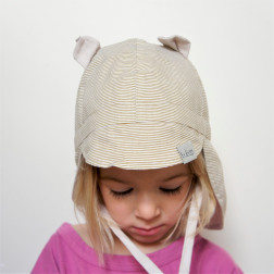 BEAR vasarinė vaikiška kepurė su snapeliu , raišteliais ir kaklo apsauga (100% medvilnė) - rudi dryžiukai