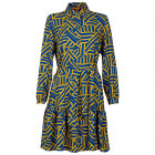 Įspūdinga moteriška raštuota suknelė su dirželiu BARSELONA geltonai/mėlynai raštuota