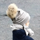 SCREW POMPOM double layered velour beanie sand with light fur pompom