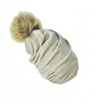 SCREW POMPOM double layered velour beanie sand with light fur pompom