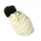 SCREW POMPOM double layered velour beanie milk with dark fur pompom