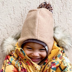 Stylish fall winter mohera wool kids HELMET with pompom SAND